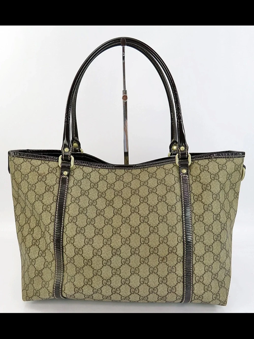 Gucci Beige GG Canvas Tote with Brown Leather Trim